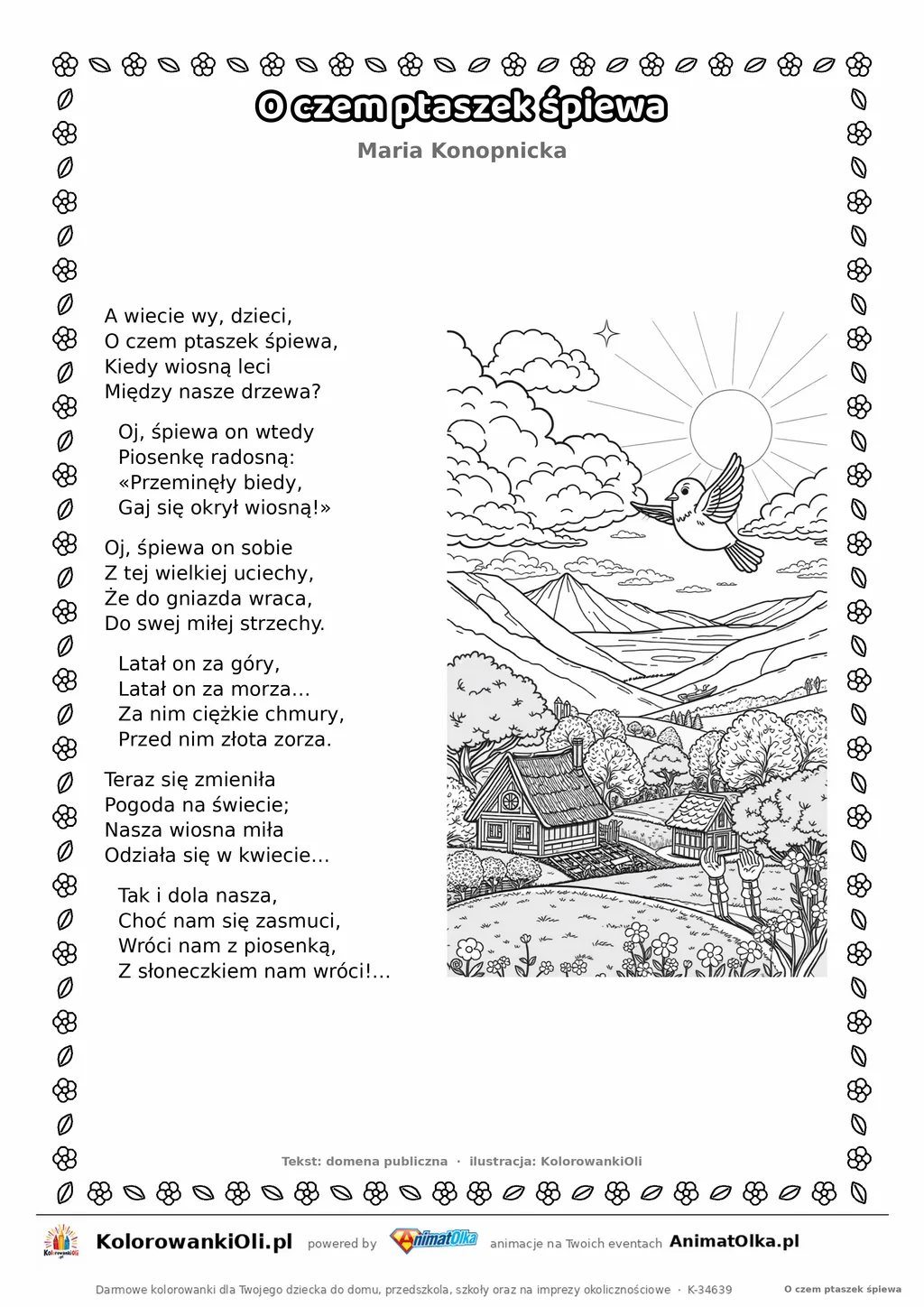 O czem ptaszek śpiewa (Maria Konopnicka) — tekst wiersza i ilustracja do kolorowania, karta A4 do druku