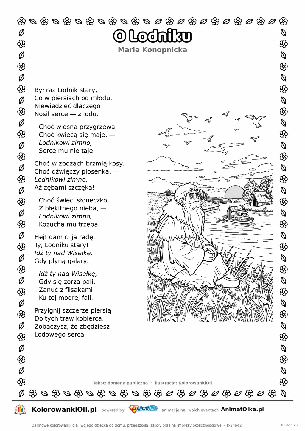O Lodniku (Maria Konopnicka) — tekst wiersza i ilustracja do kolorowania, karta A4 do druku