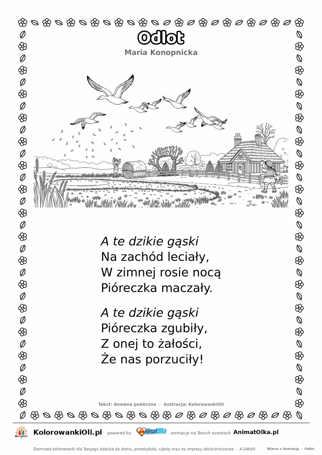 Odlot (Maria Konopnicka) — tekst wiersza i ilustracja do kolorowania, karta A4 do druku