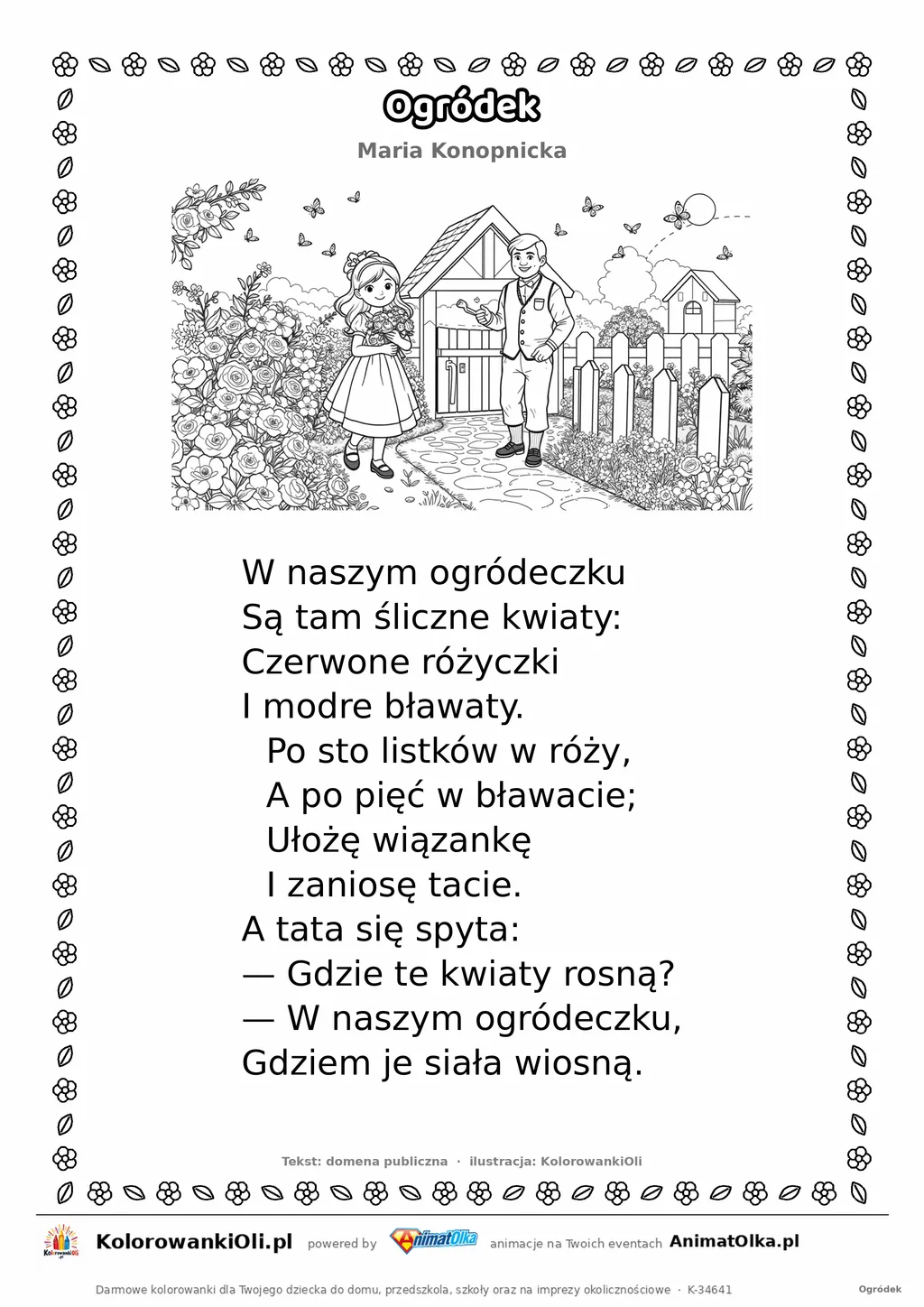 Ogródek (Maria Konopnicka) — tekst wiersza i ilustracja do kolorowania, karta A4 do druku