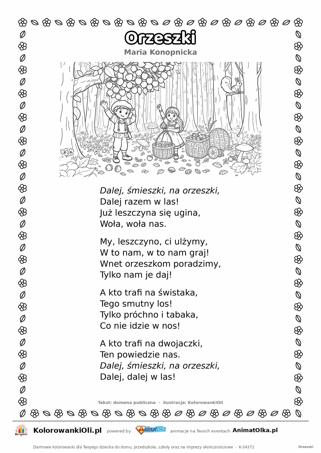 Orzeszki (Maria Konopnicka) — tekst wiersza i ilustracja do kolorowania, karta A4 do druku