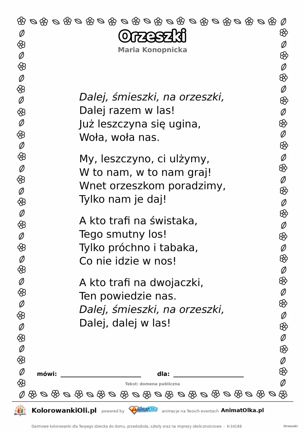 Orzeszki (Maria Konopnicka) — tekst wiersza do druku A4 z ramką do pokolorowania