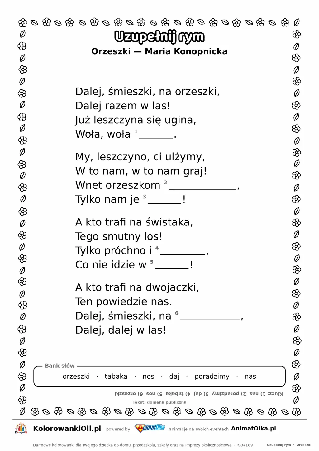 Uzupełnij rym — Orzeszki (Maria Konopnicka): karta pracy z lukami w rymach, A4