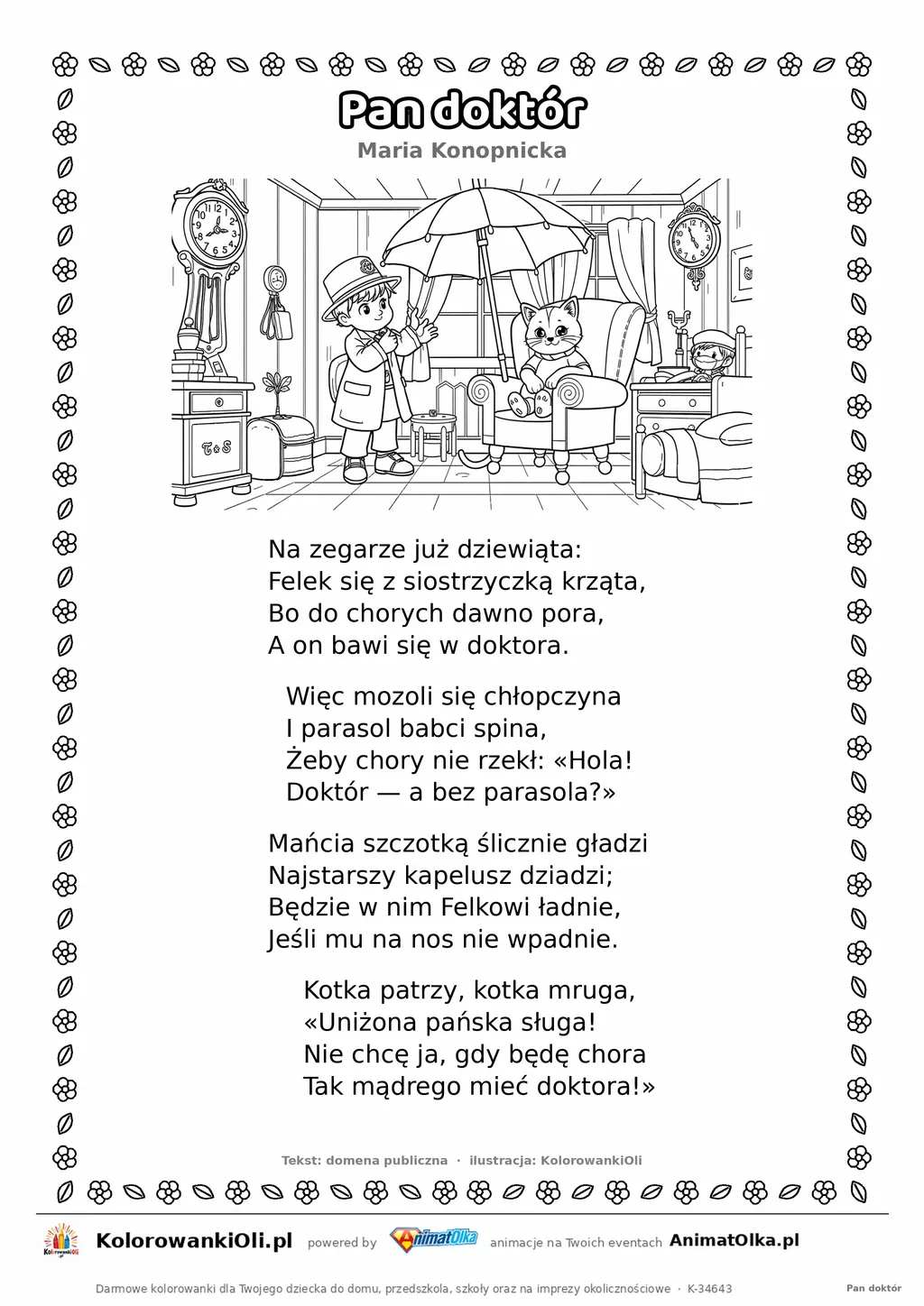 Pan doktór (Maria Konopnicka) — tekst wiersza i ilustracja do kolorowania, karta A4 do druku