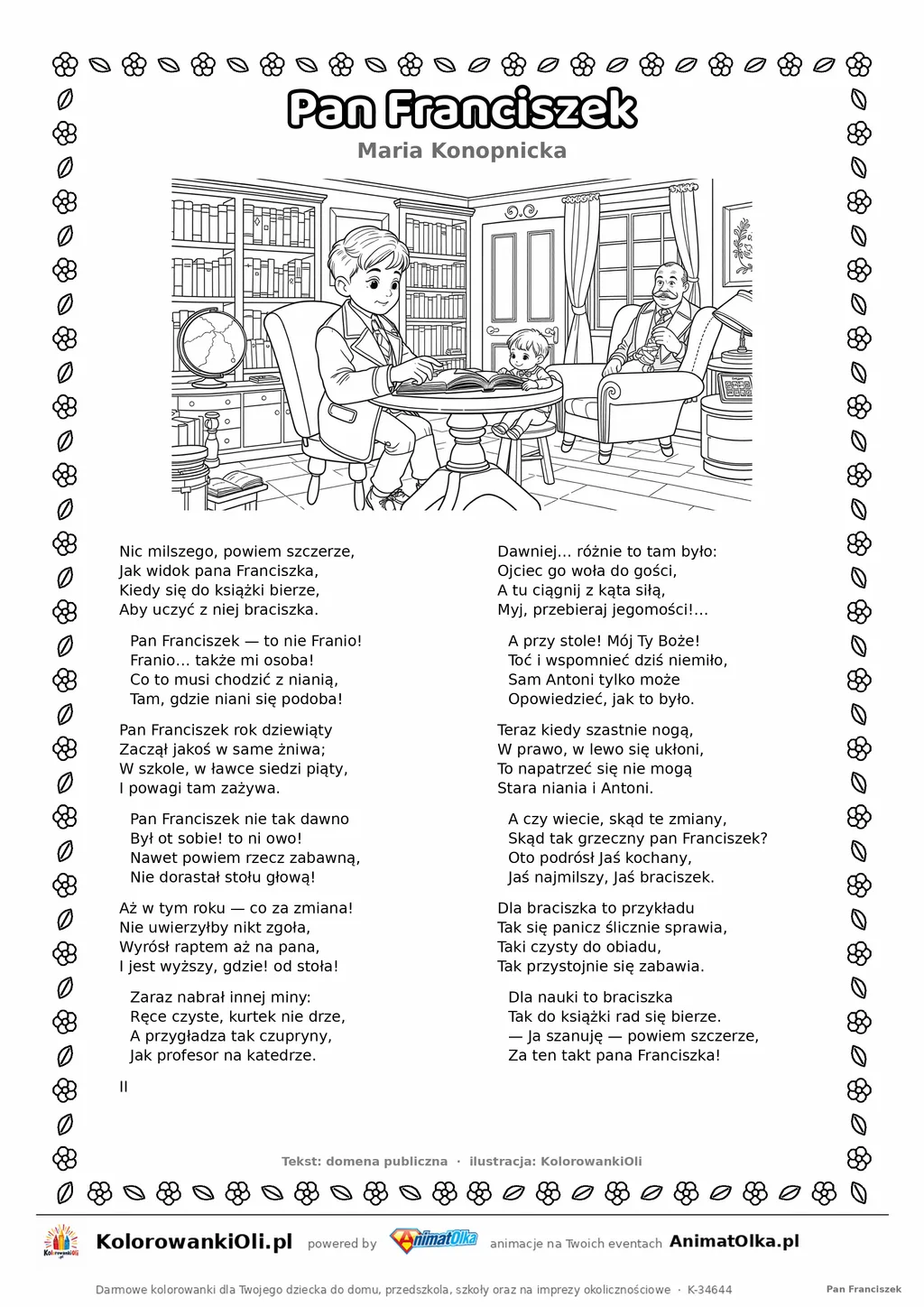 Pan Franciszek (Maria Konopnicka) — tekst wiersza i ilustracja do kolorowania, karta A4 do druku