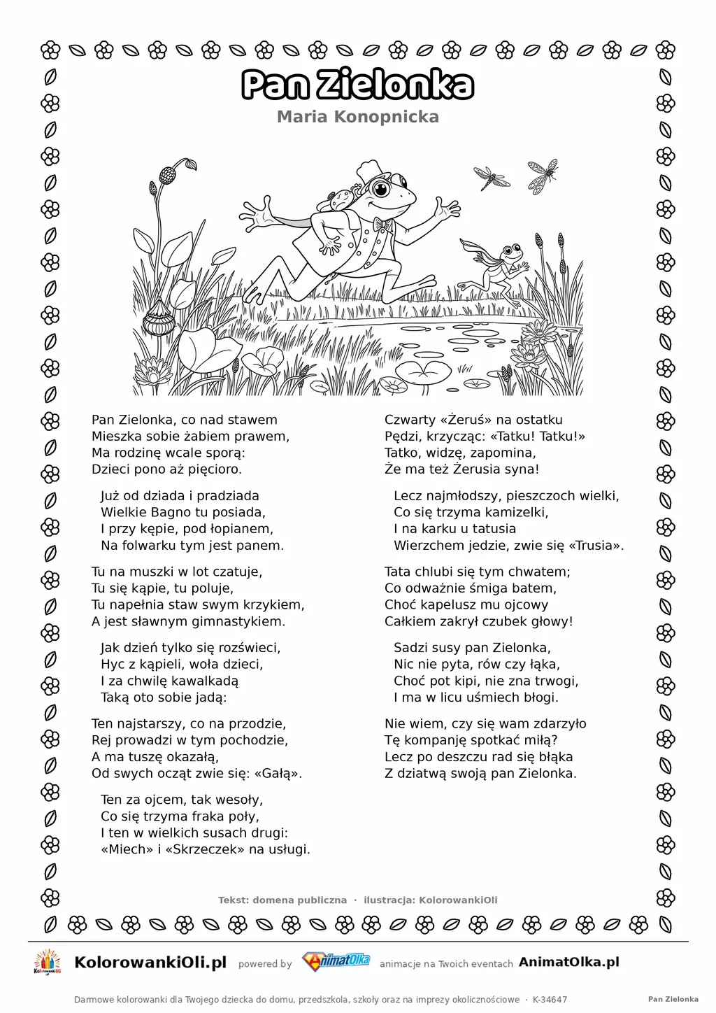 Pan Zielonka (Maria Konopnicka) — tekst wiersza i ilustracja do kolorowania, karta A4 do druku