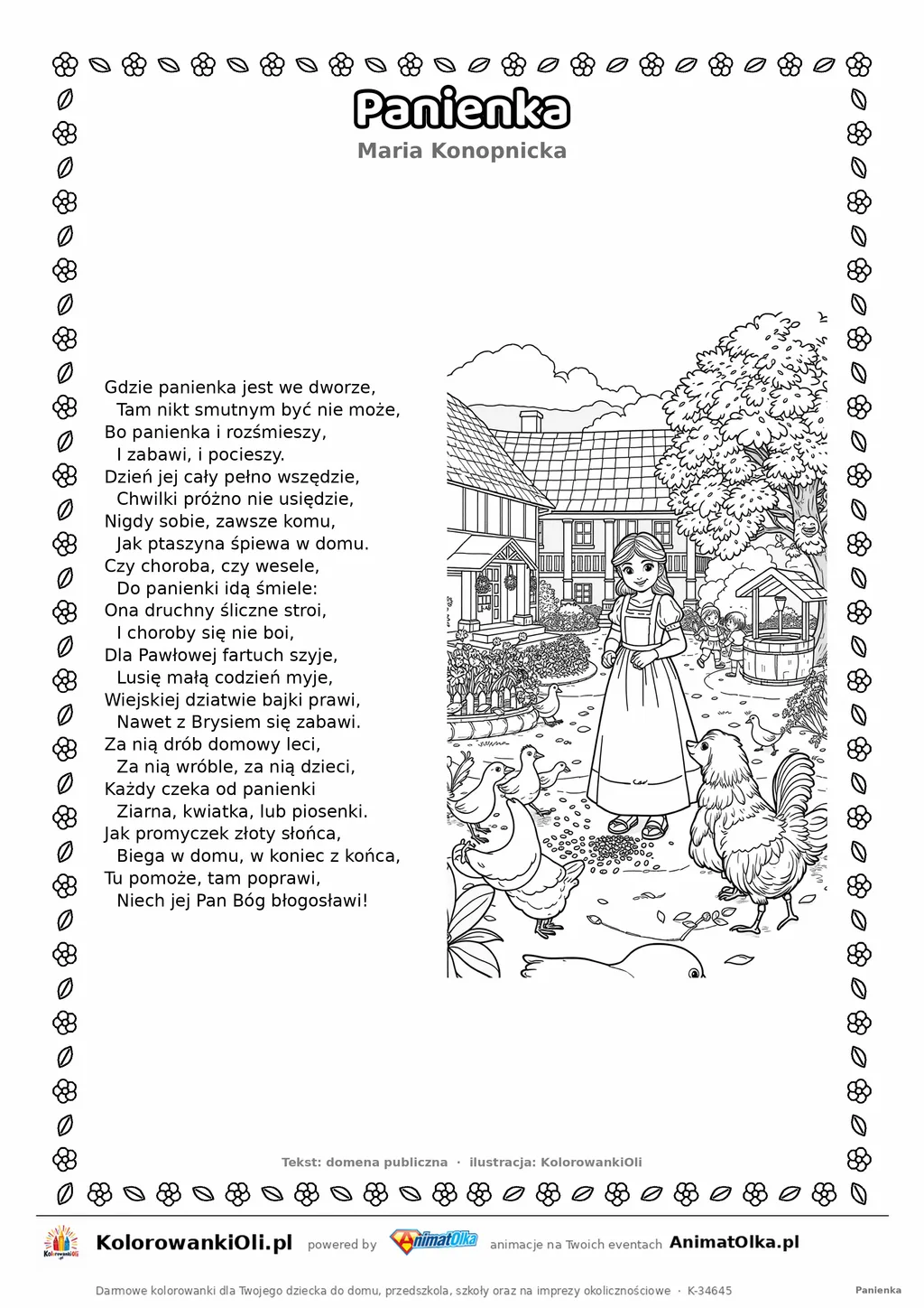 Panienka (Maria Konopnicka) — tekst wiersza i ilustracja do kolorowania, karta A4 do druku