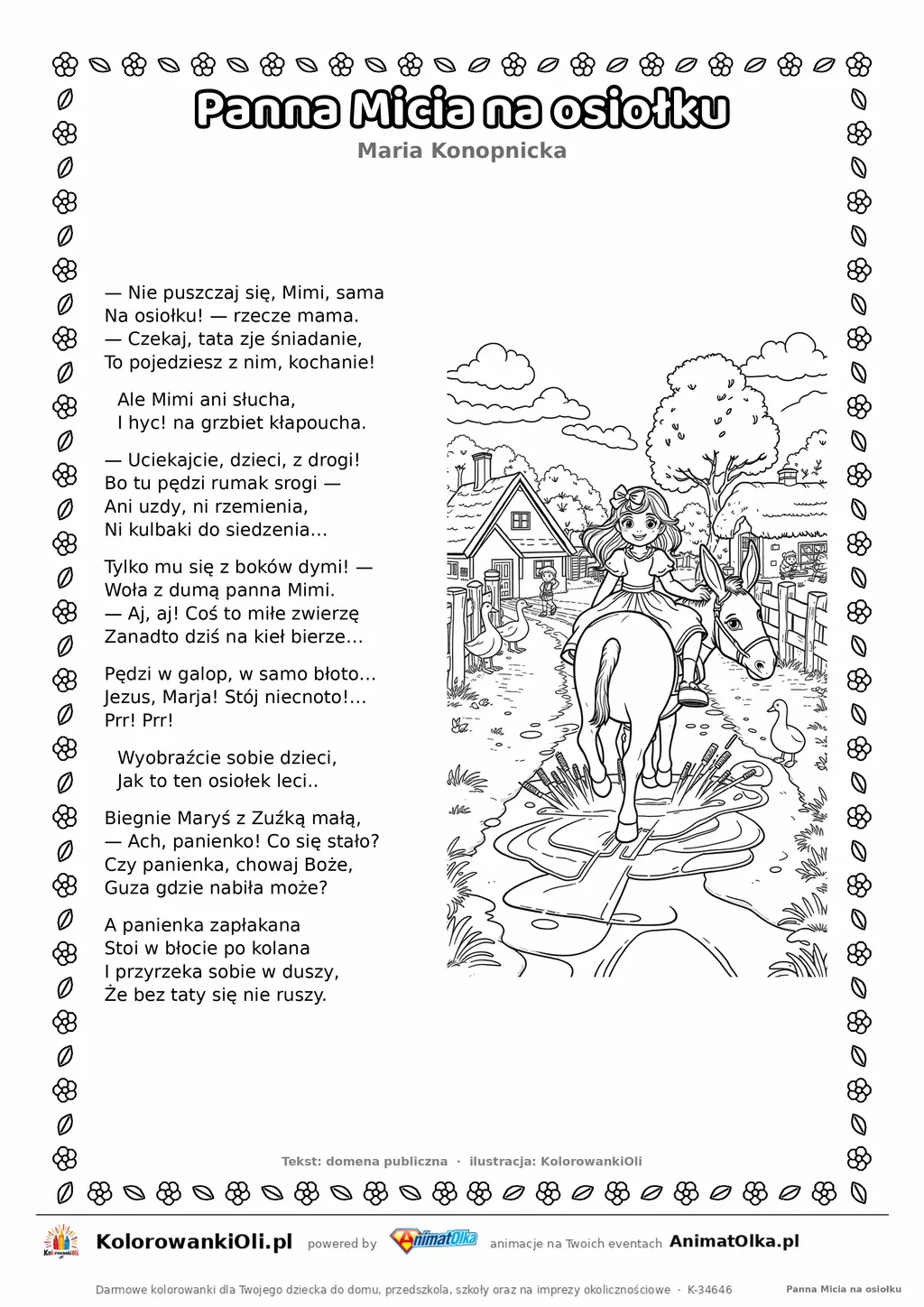 Panna Micia na osiołku (Maria Konopnicka) — tekst wiersza i ilustracja do kolorowania, karta A4 do druku