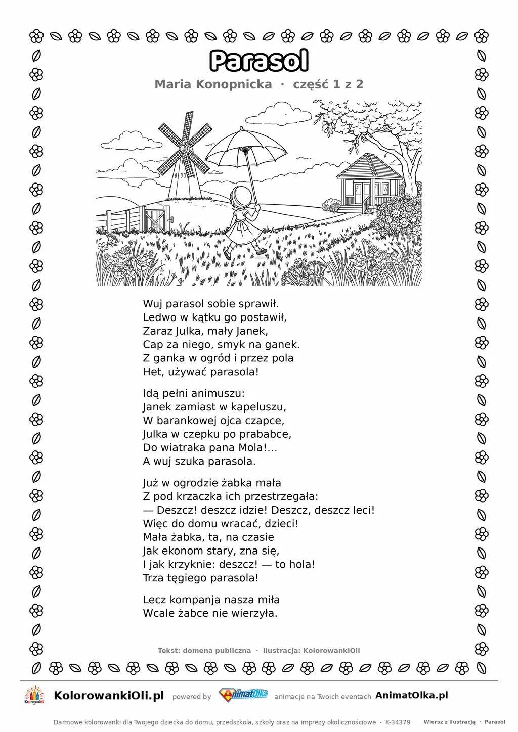 Parasol (Maria Konopnicka) — tekst wiersza i ilustracja do kolorowania (część 1 z 2), karta A4 do druku