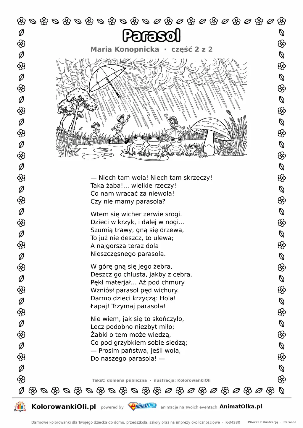 Parasol (Maria Konopnicka) — tekst wiersza i ilustracja do kolorowania (część 2 z 2), karta A4 do druku