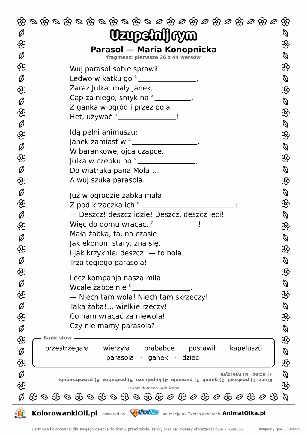 Uzupełnij rym — Parasol (Maria Konopnicka): karta pracy z lukami w rymach, A4