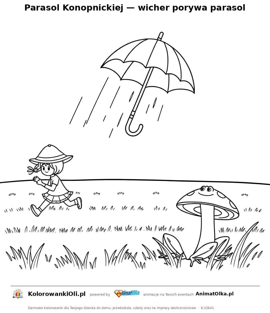 Parasol Konopnickiej — wicher porywa parasol — kolorowanka do wiersza, do wydruku