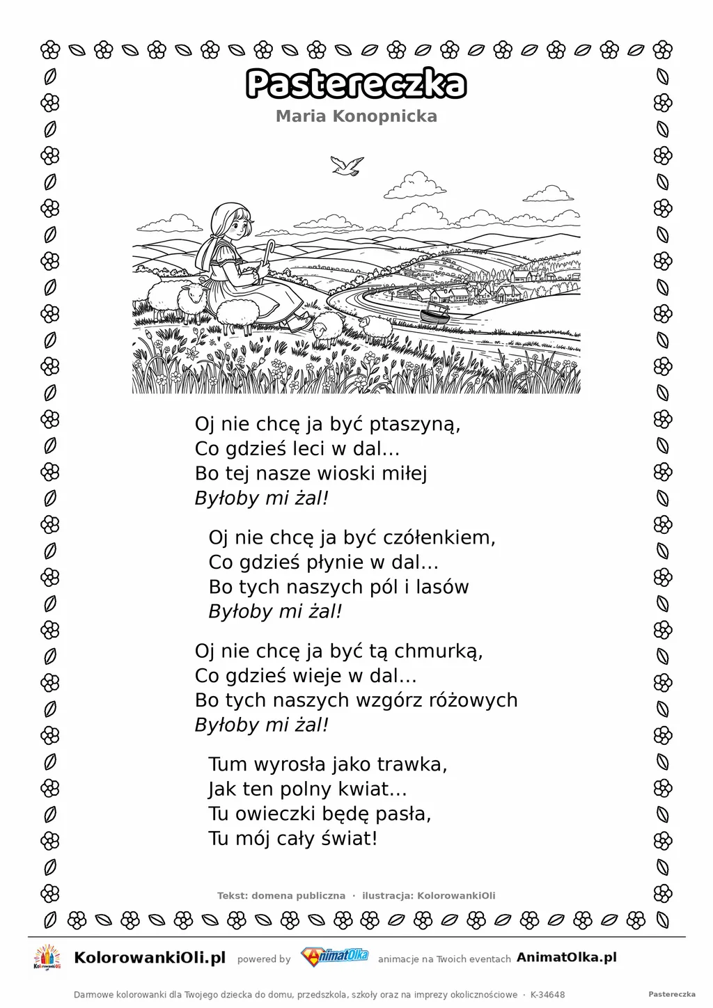 Pastereczka (Maria Konopnicka) — tekst wiersza i ilustracja do kolorowania, karta A4 do druku