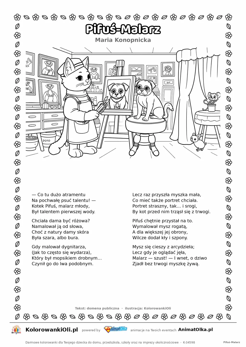 Pifuś-Malarz (Maria Konopnicka) — tekst wiersza i ilustracja do kolorowania, karta A4 do druku