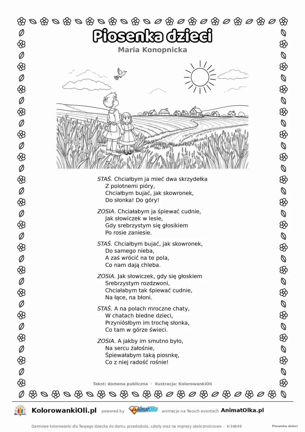 Piosenka dzieci (Maria Konopnicka) — tekst wiersza i ilustracja do kolorowania, karta A4 do druku