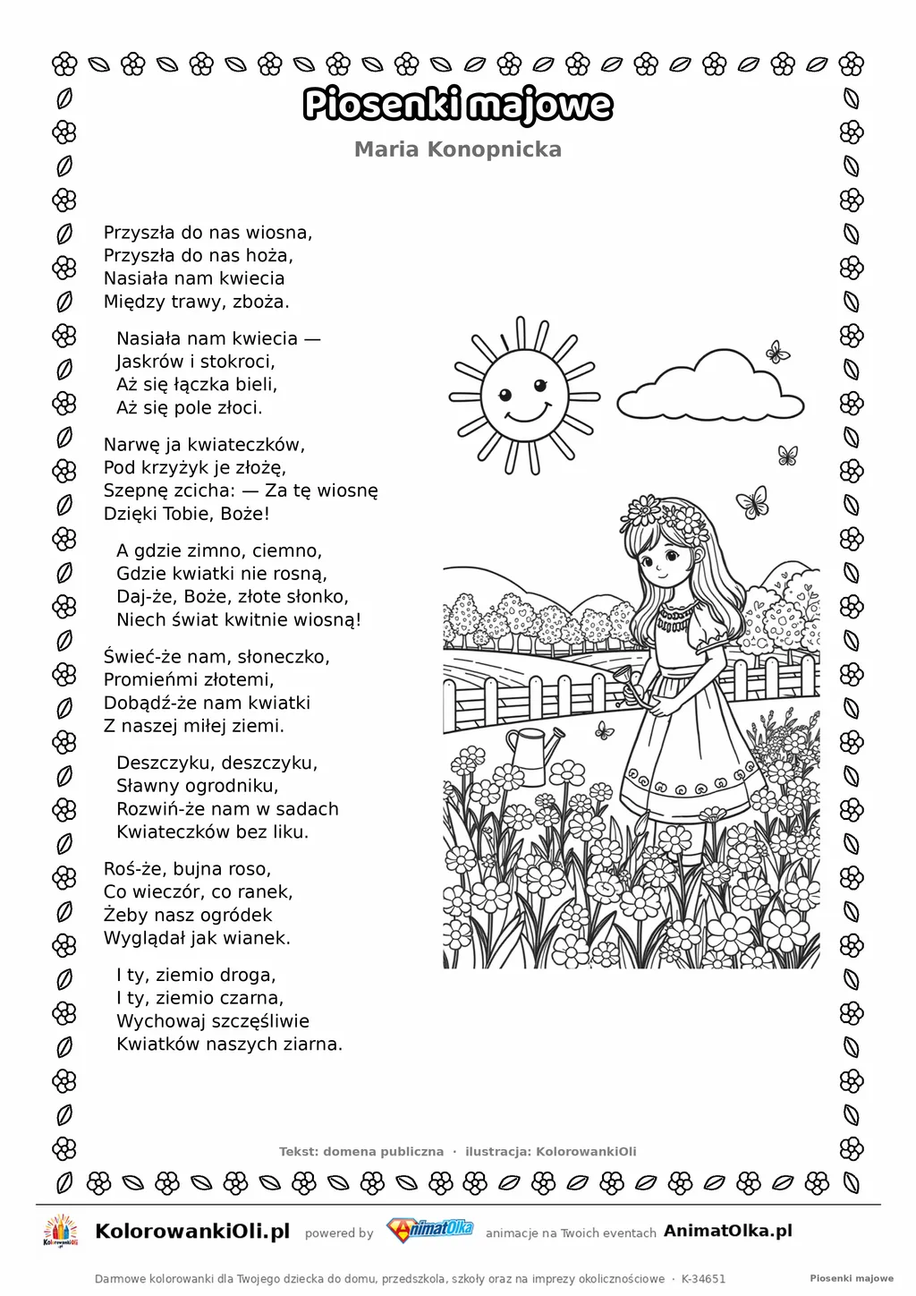 Piosenki majowe (Maria Konopnicka) — tekst wiersza i ilustracja do kolorowania, karta A4 do druku