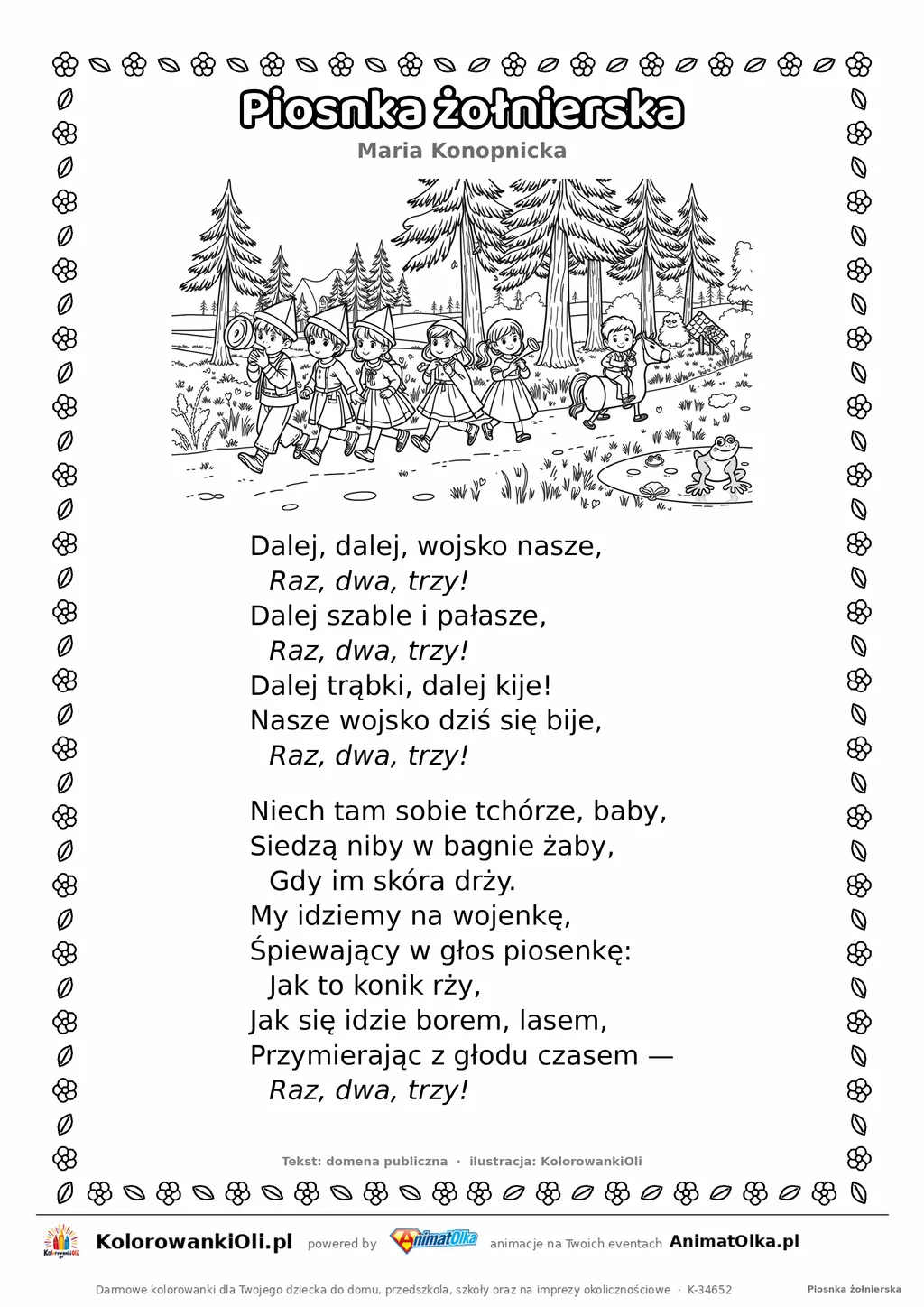 Piosnka żołnierska (Maria Konopnicka) — tekst wiersza i ilustracja do kolorowania, karta A4 do druku
