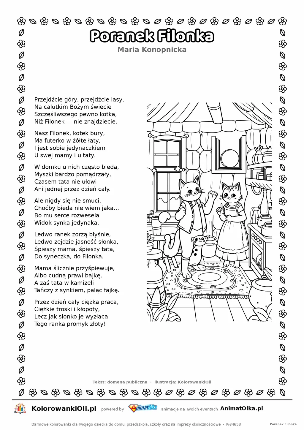 Poranek Filonka (Maria Konopnicka) — tekst wiersza i ilustracja do kolorowania, karta A4 do druku