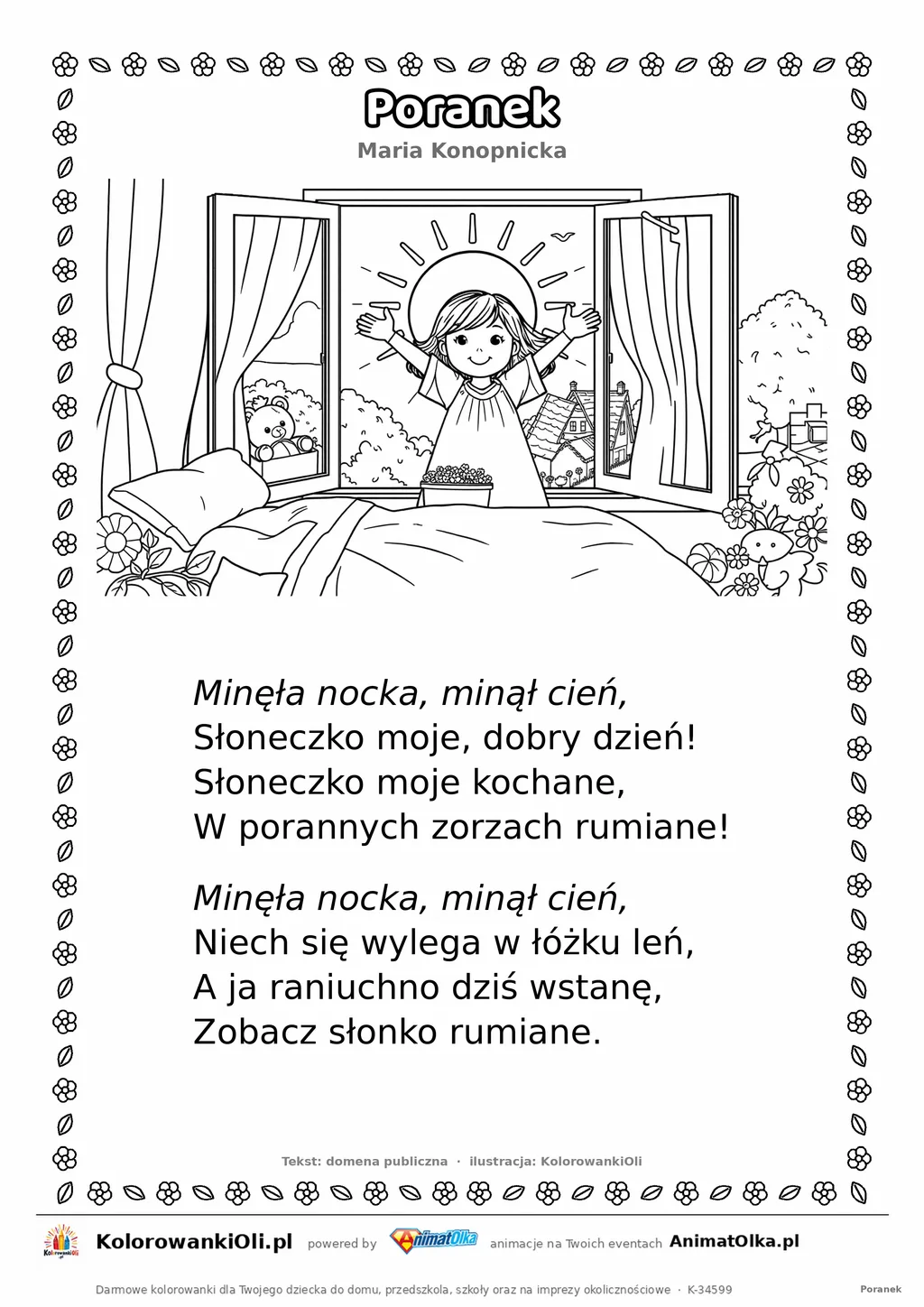 Poranek (Maria Konopnicka) — tekst wiersza i ilustracja do kolorowania, karta A4 do druku
