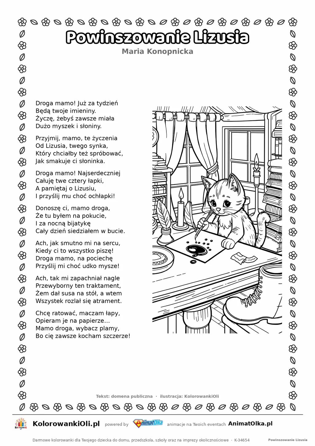 Powinszowanie Lizusia (Maria Konopnicka) — tekst wiersza i ilustracja do kolorowania, karta A4 do druku