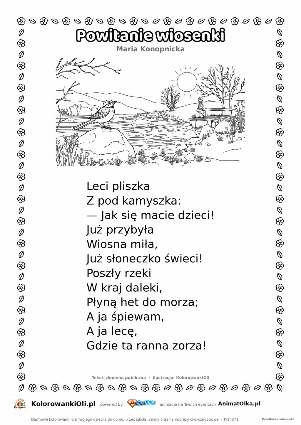 Powitanie wiosenki (Maria Konopnicka) — tekst wiersza i ilustracja do kolorowania, karta A4 do druku