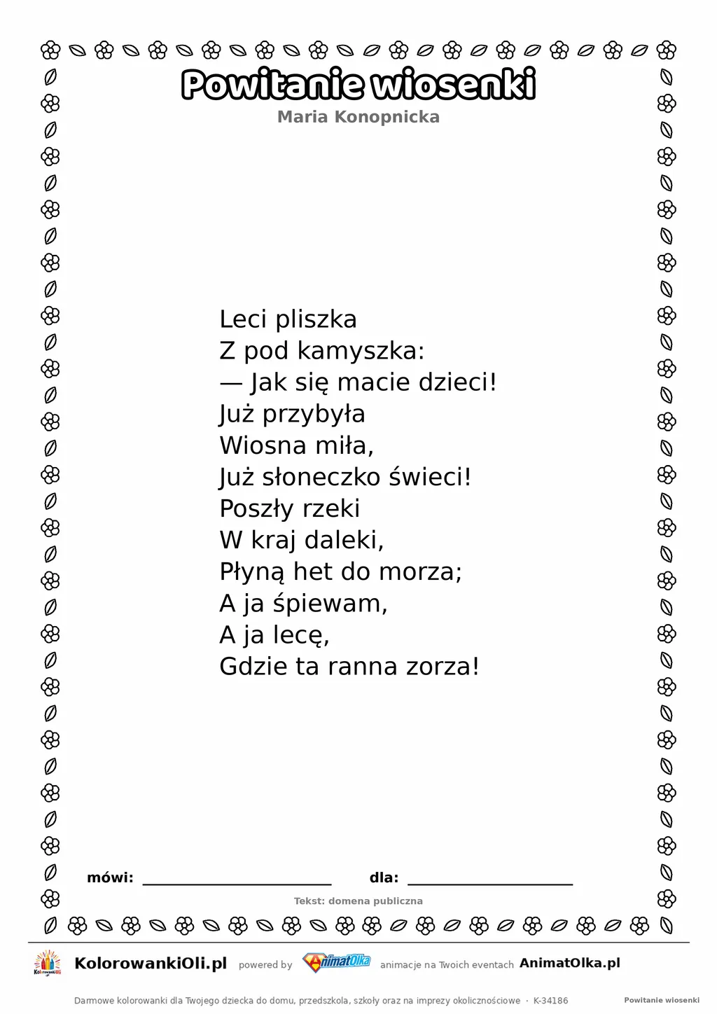 Powitanie wiosenki (Maria Konopnicka) — tekst wiersza do druku A4 z ramką do pokolorowania