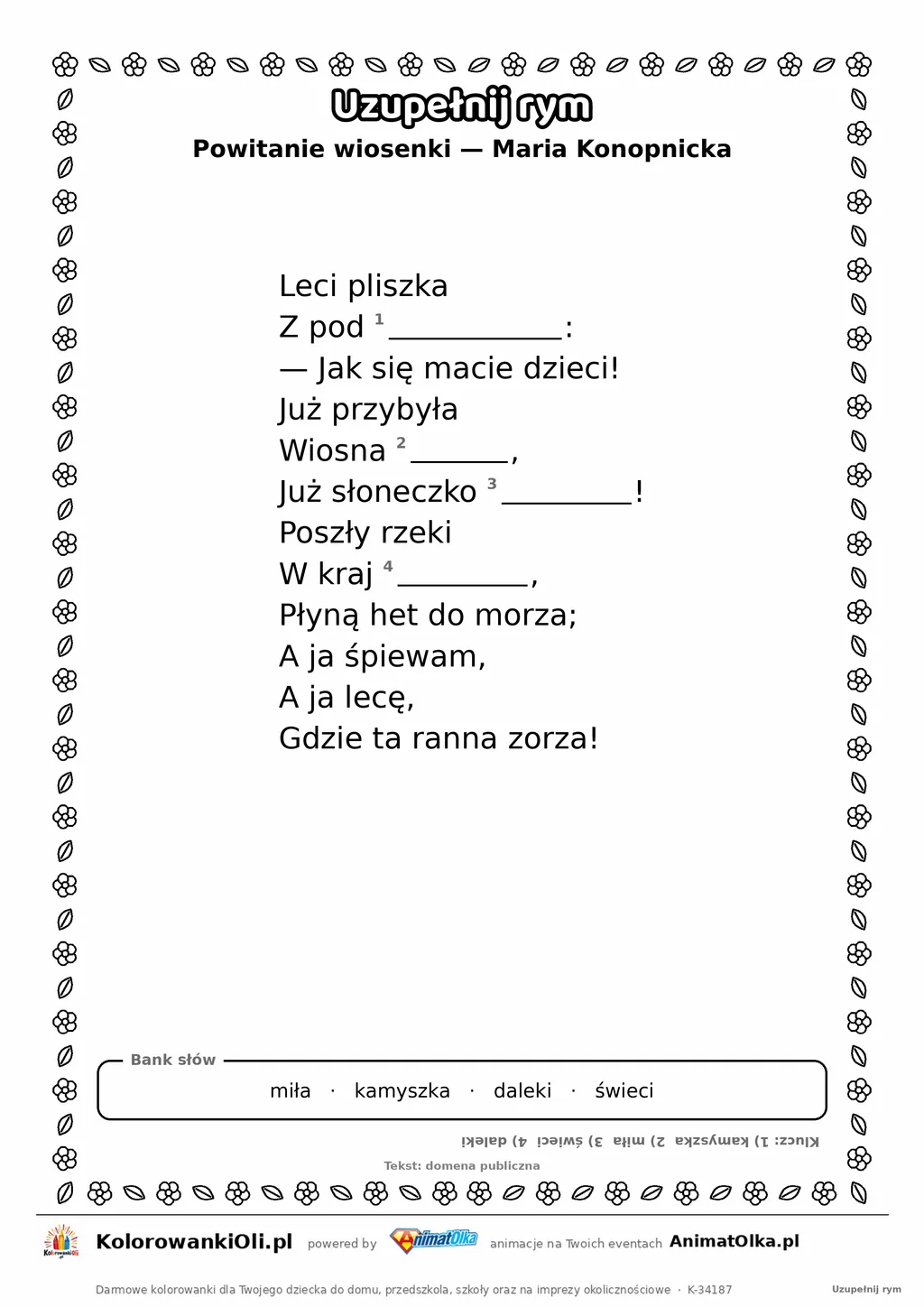 Uzupełnij rym — Powitanie wiosenki (Maria Konopnicka): karta pracy z lukami w rymach, A4