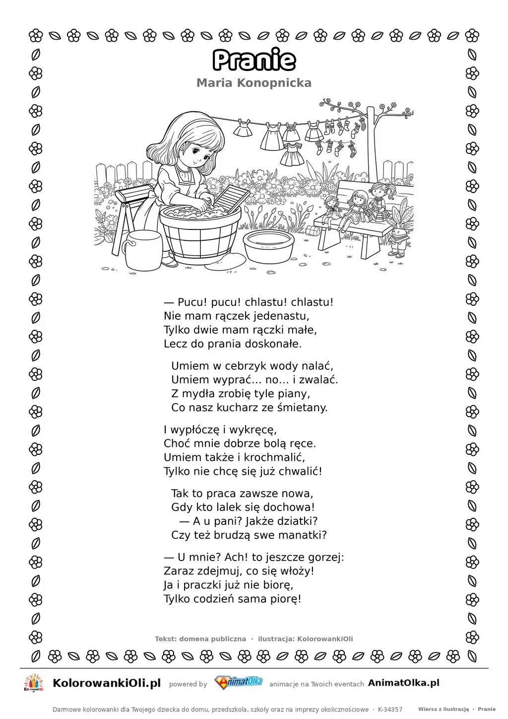 Pranie (Maria Konopnicka) — tekst wiersza i ilustracja do kolorowania, karta A4 do druku