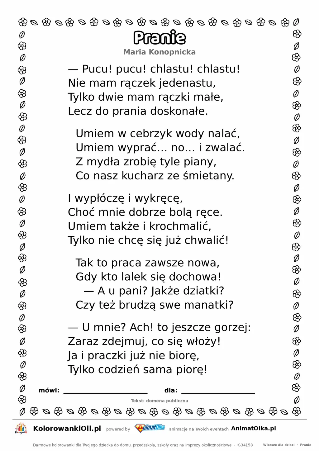 Pranie (Maria Konopnicka) — tekst wiersza do druku A4 z ramką do pokolorowania