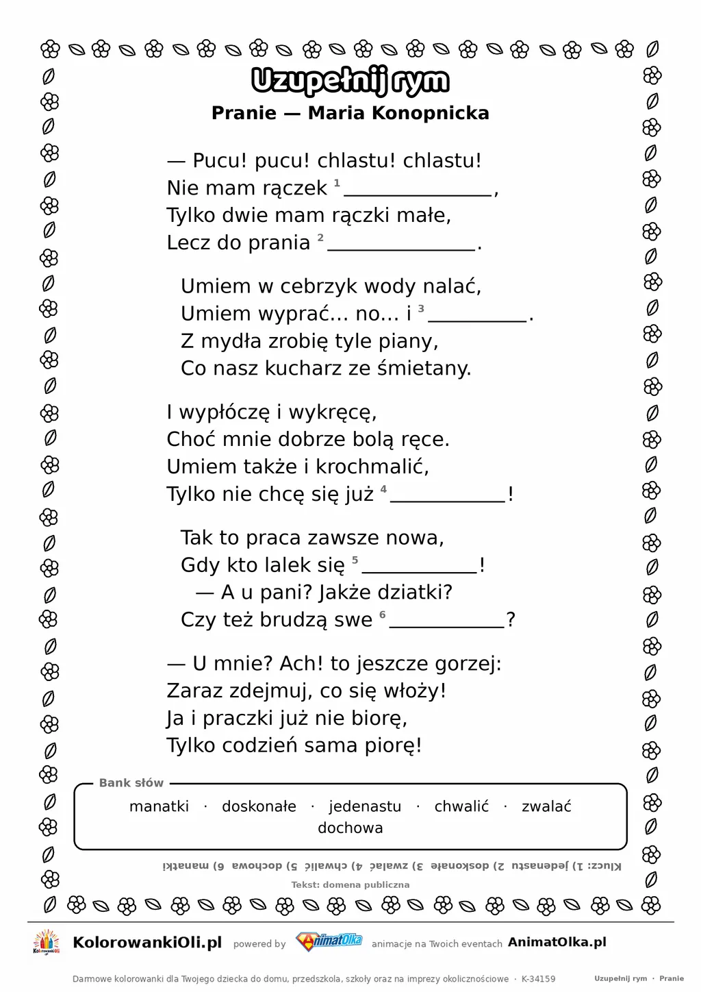 Uzupełnij rym — Pranie (Maria Konopnicka): karta pracy z lukami w rymach, A4