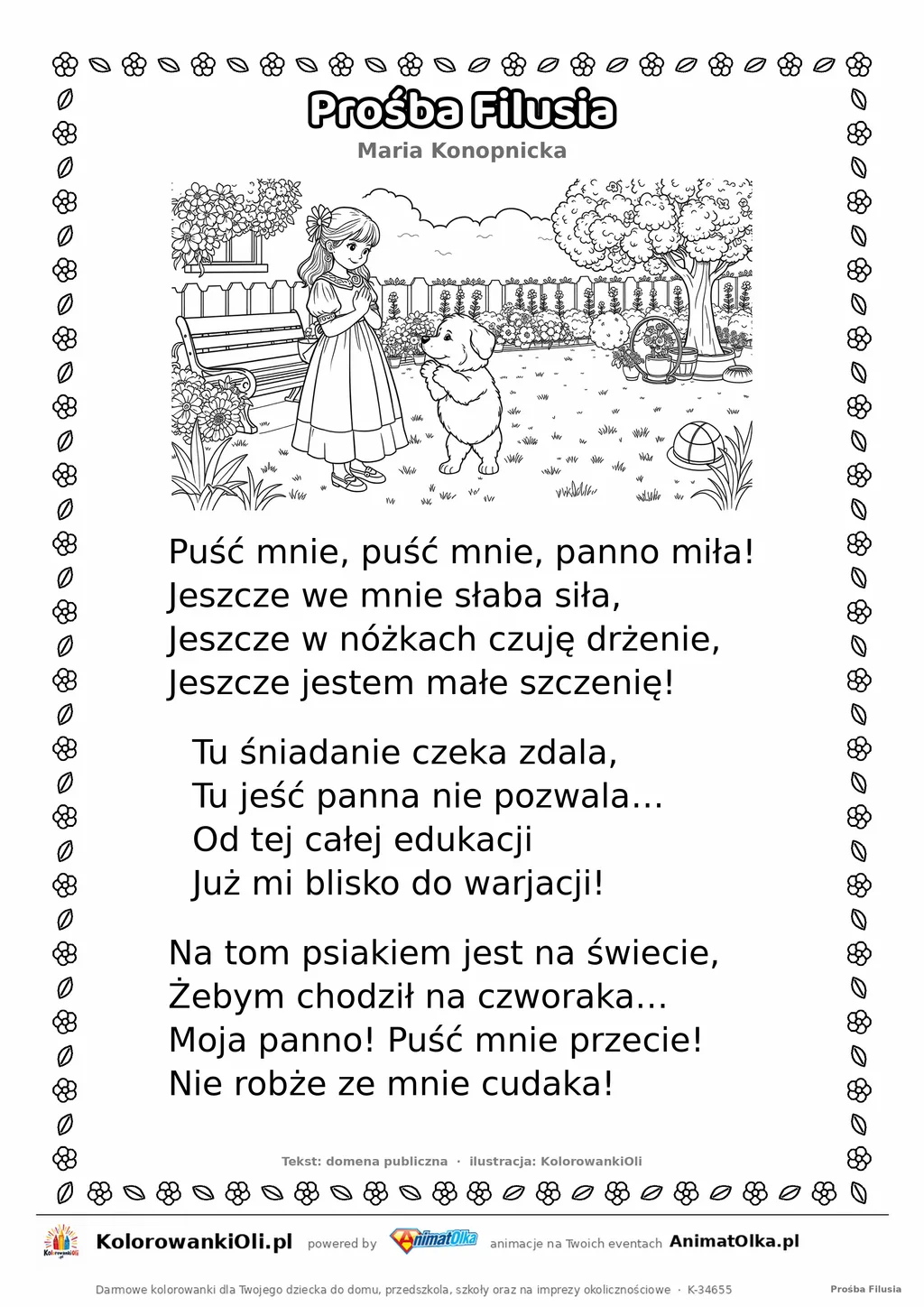 Prośba Filusia (Maria Konopnicka) — tekst wiersza i ilustracja do kolorowania, karta A4 do druku