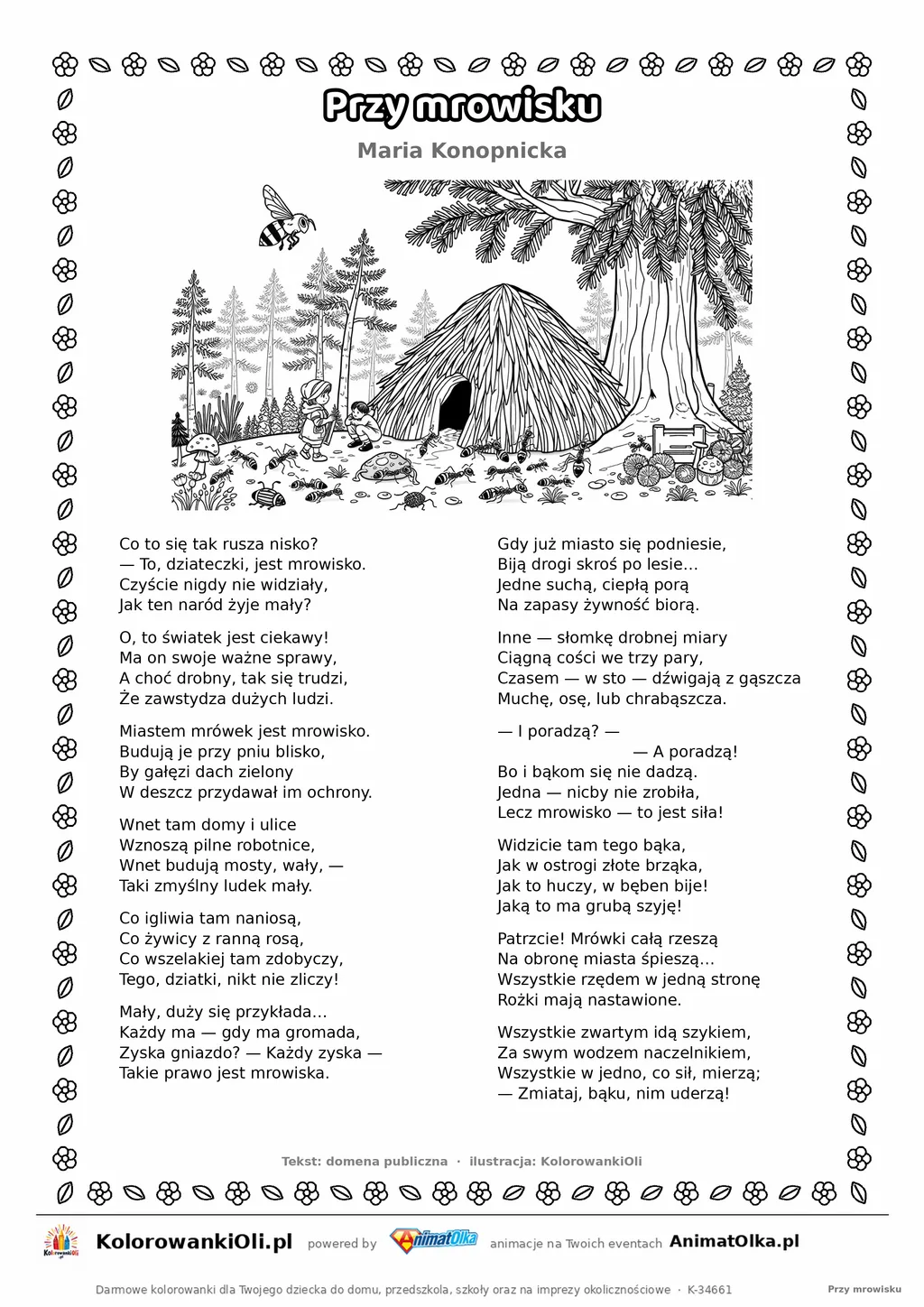 Przy mrowisku (Maria Konopnicka) — tekst wiersza i ilustracja do kolorowania, karta A4 do druku
