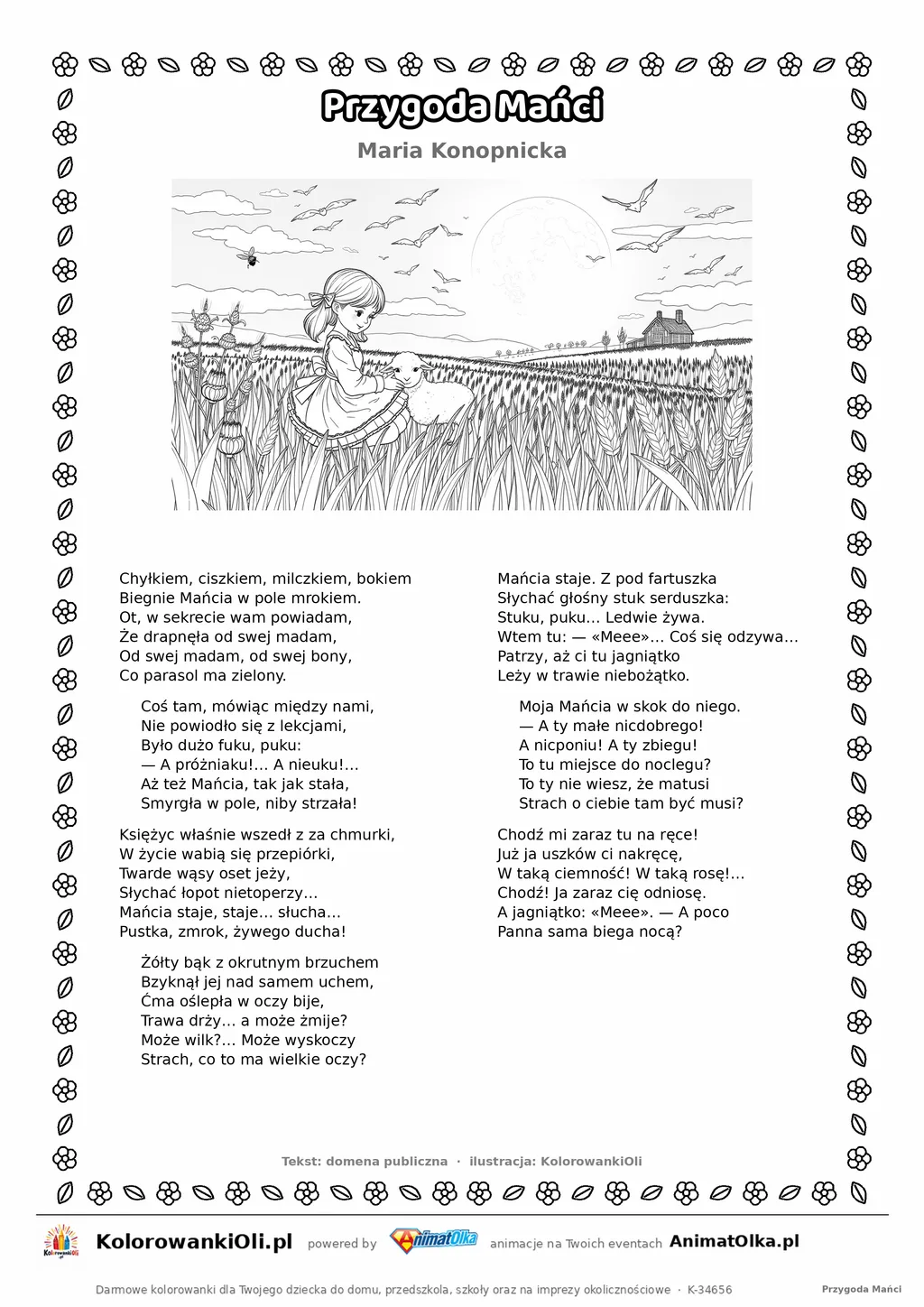 Przygoda Mańci (Maria Konopnicka) — tekst wiersza i ilustracja do kolorowania, karta A4 do druku