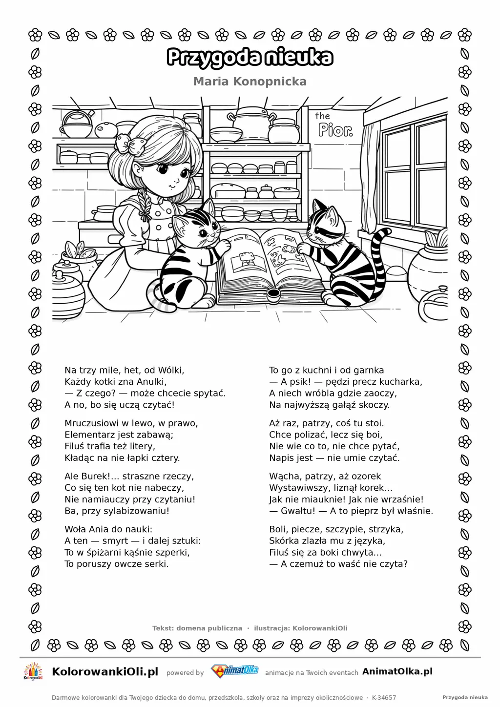 Przygoda nieuka (Maria Konopnicka) — tekst wiersza i ilustracja do kolorowania, karta A4 do druku