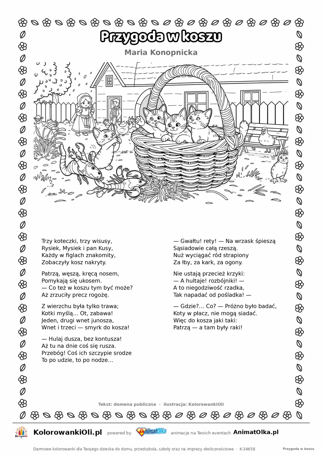 Przygoda w koszu (Maria Konopnicka) — tekst wiersza i ilustracja do kolorowania, karta A4 do druku