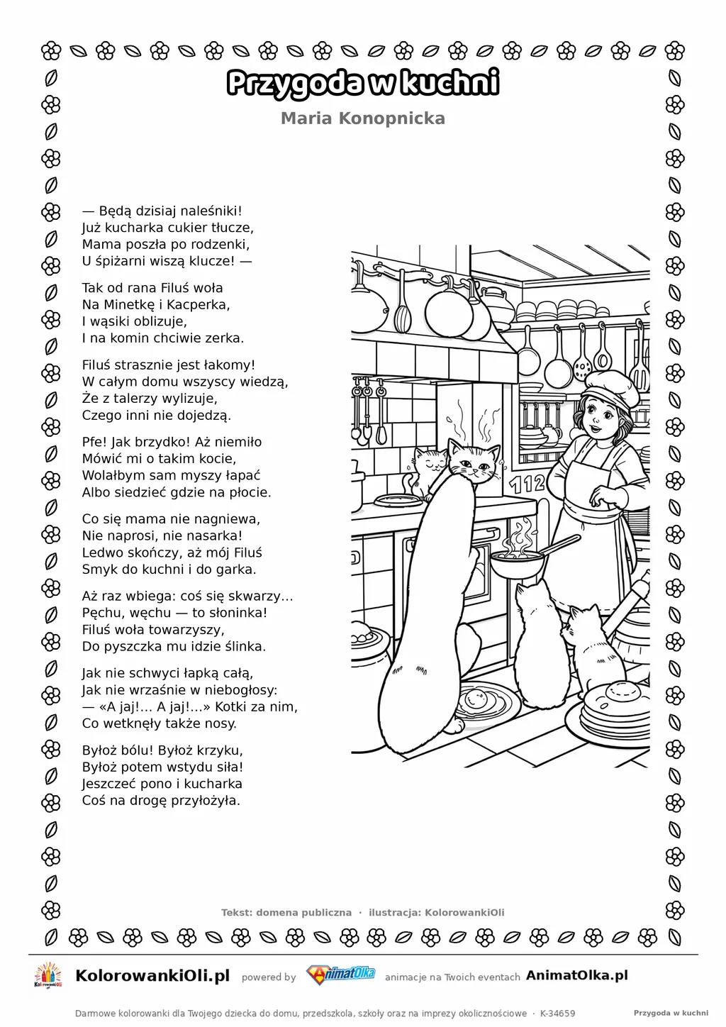 Przygoda w kuchni (Maria Konopnicka) — tekst wiersza i ilustracja do kolorowania, karta A4 do druku
