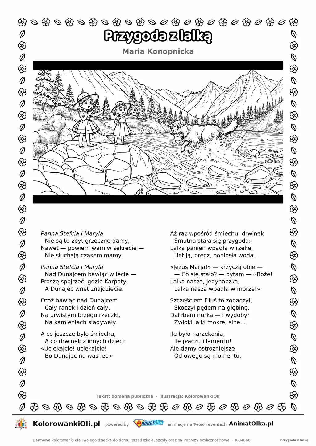 Przygoda z lalką (Maria Konopnicka) — tekst wiersza i ilustracja do kolorowania, karta A4 do druku