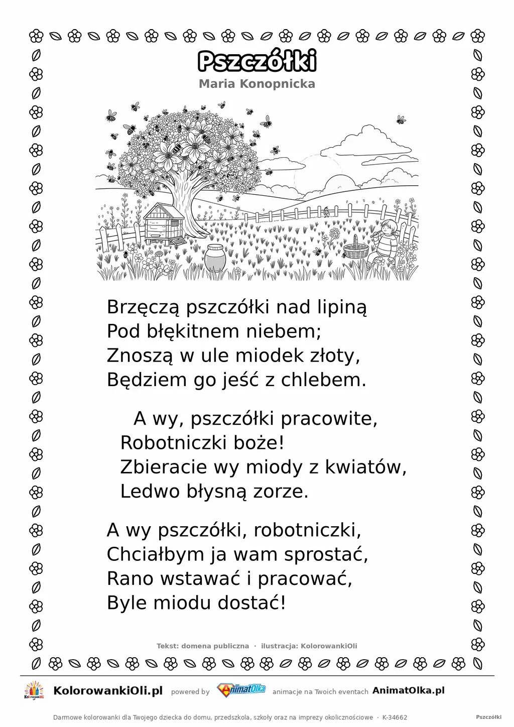Pszczółki (Maria Konopnicka) — tekst wiersza i ilustracja do kolorowania, karta A4 do druku