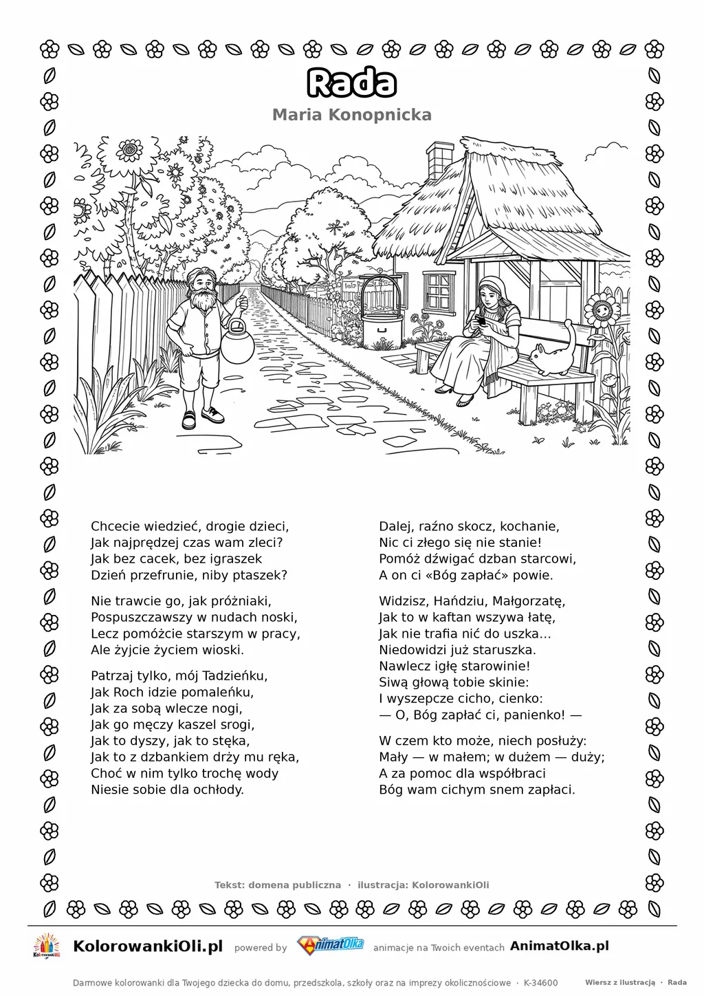 Rada (Maria Konopnicka) — tekst wiersza i ilustracja do kolorowania, karta A4 do druku