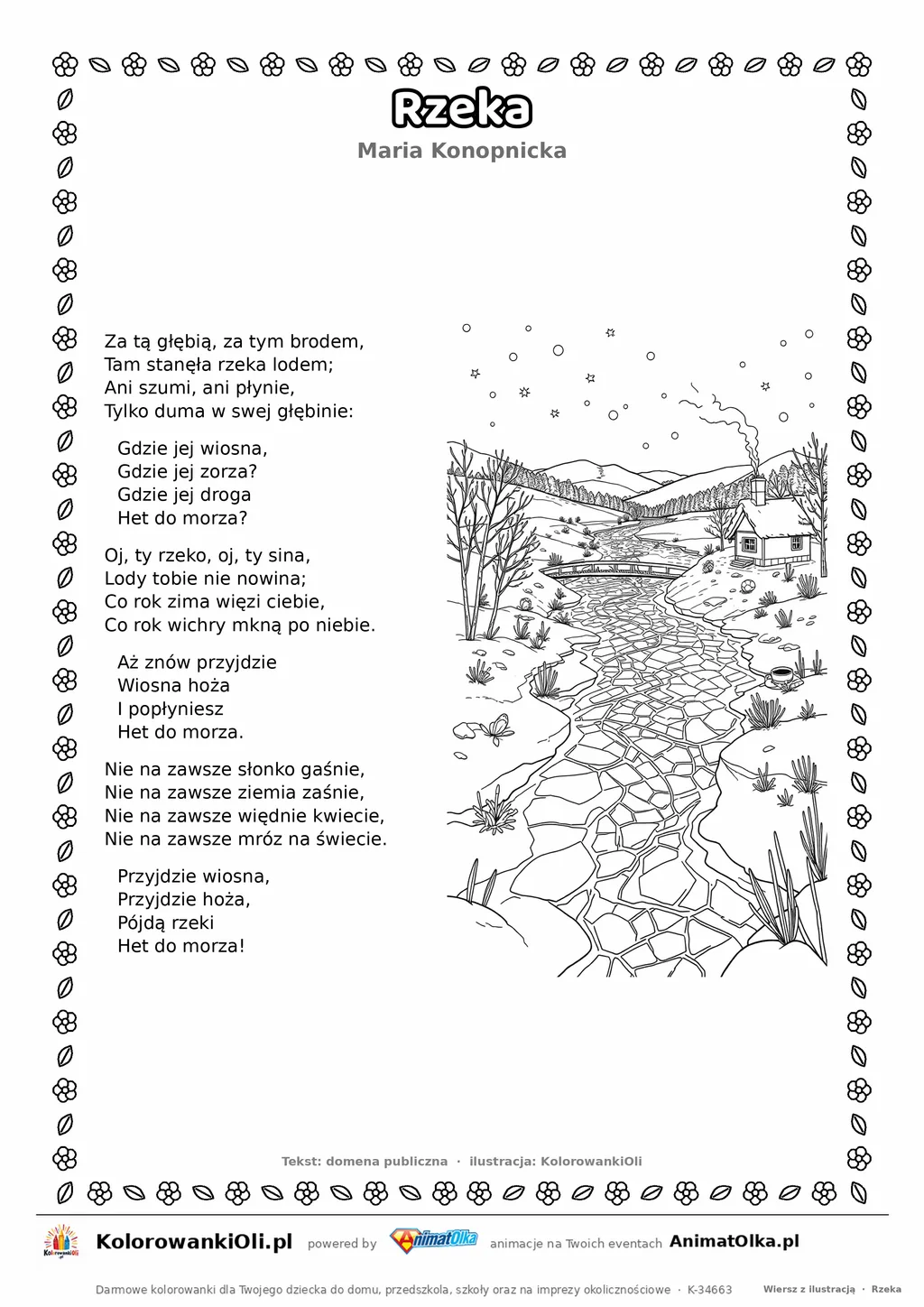 Rzeka (Maria Konopnicka) — tekst wiersza i ilustracja do kolorowania, karta A4 do druku