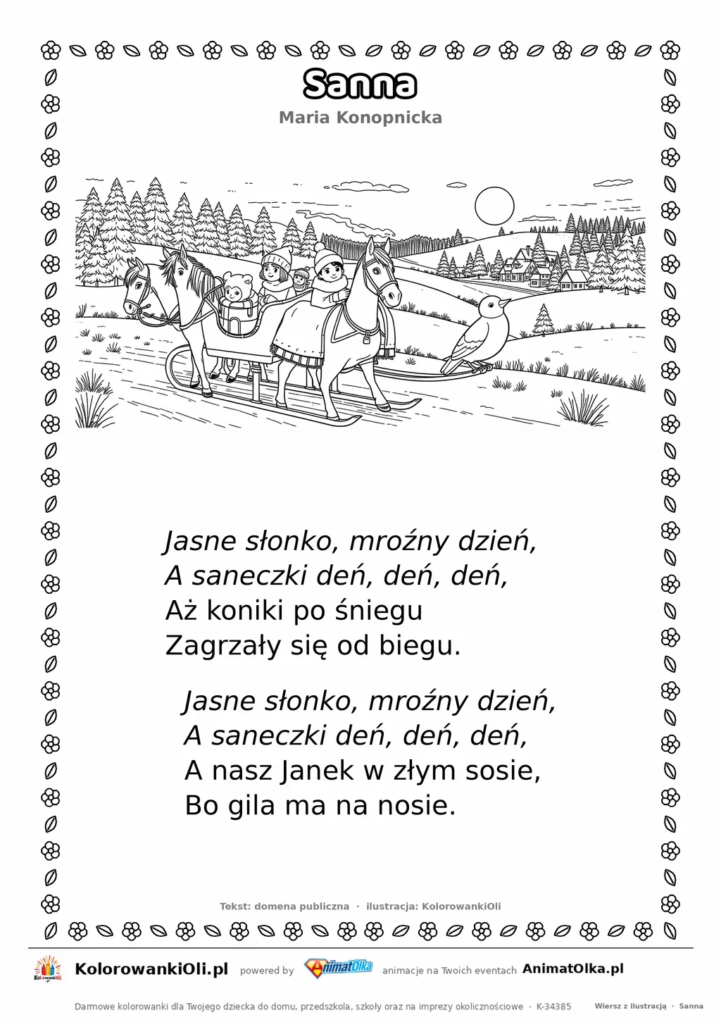 Sanna (Maria Konopnicka) — tekst wiersza i ilustracja do kolorowania, karta A4 do druku