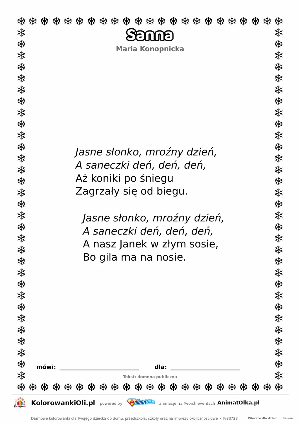 Sanna (Maria Konopnicka) — tekst wiersza dla dzieci do druku na A4 z ramką do pokolorowania