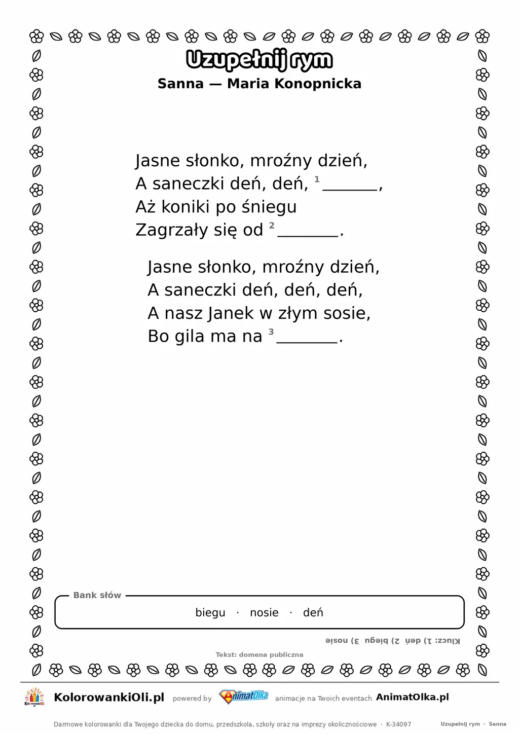 Uzupełnij rym — Sanna (Maria Konopnicka): karta pracy z lukami w rymach, A4