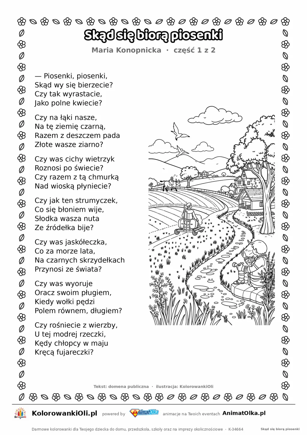 Skąd się biorą piosenki (Maria Konopnicka) — tekst wiersza i ilustracja do kolorowania (część 1 z 2), karta A4 do druku