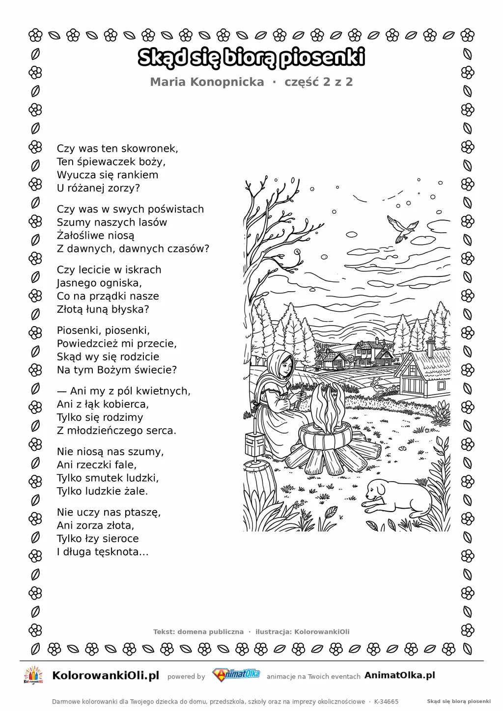 Skąd się biorą piosenki (Maria Konopnicka) — tekst wiersza i ilustracja do kolorowania (część 2 z 2), karta A4 do druku