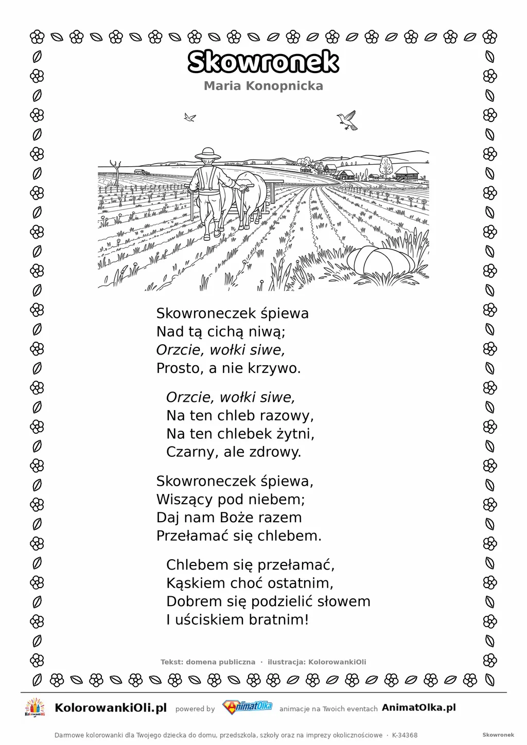 Skowronek (Maria Konopnicka) — tekst wiersza i ilustracja do kolorowania, karta A4 do druku