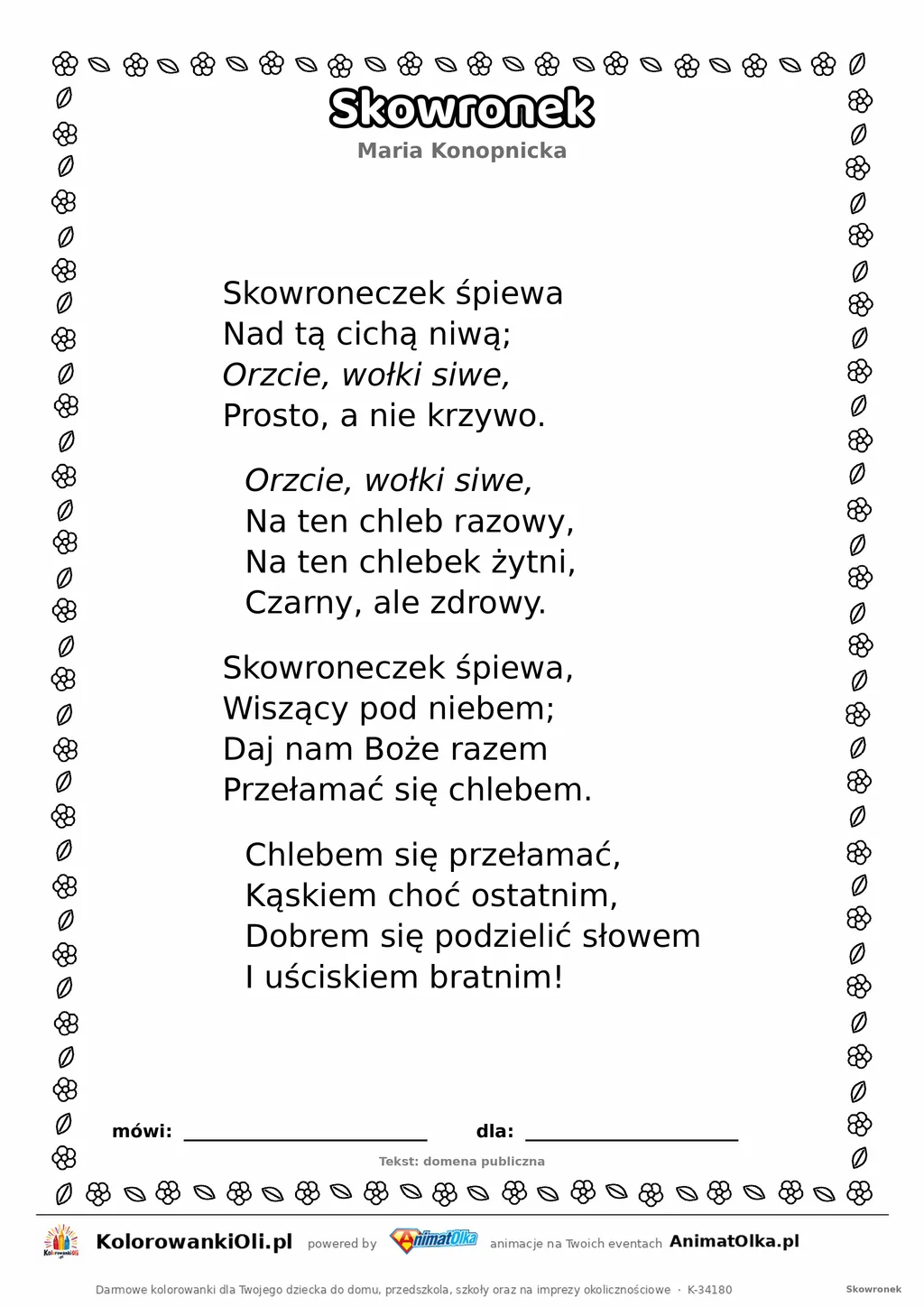 Skowronek (Maria Konopnicka) — tekst wiersza do druku A4 z ramką do pokolorowania