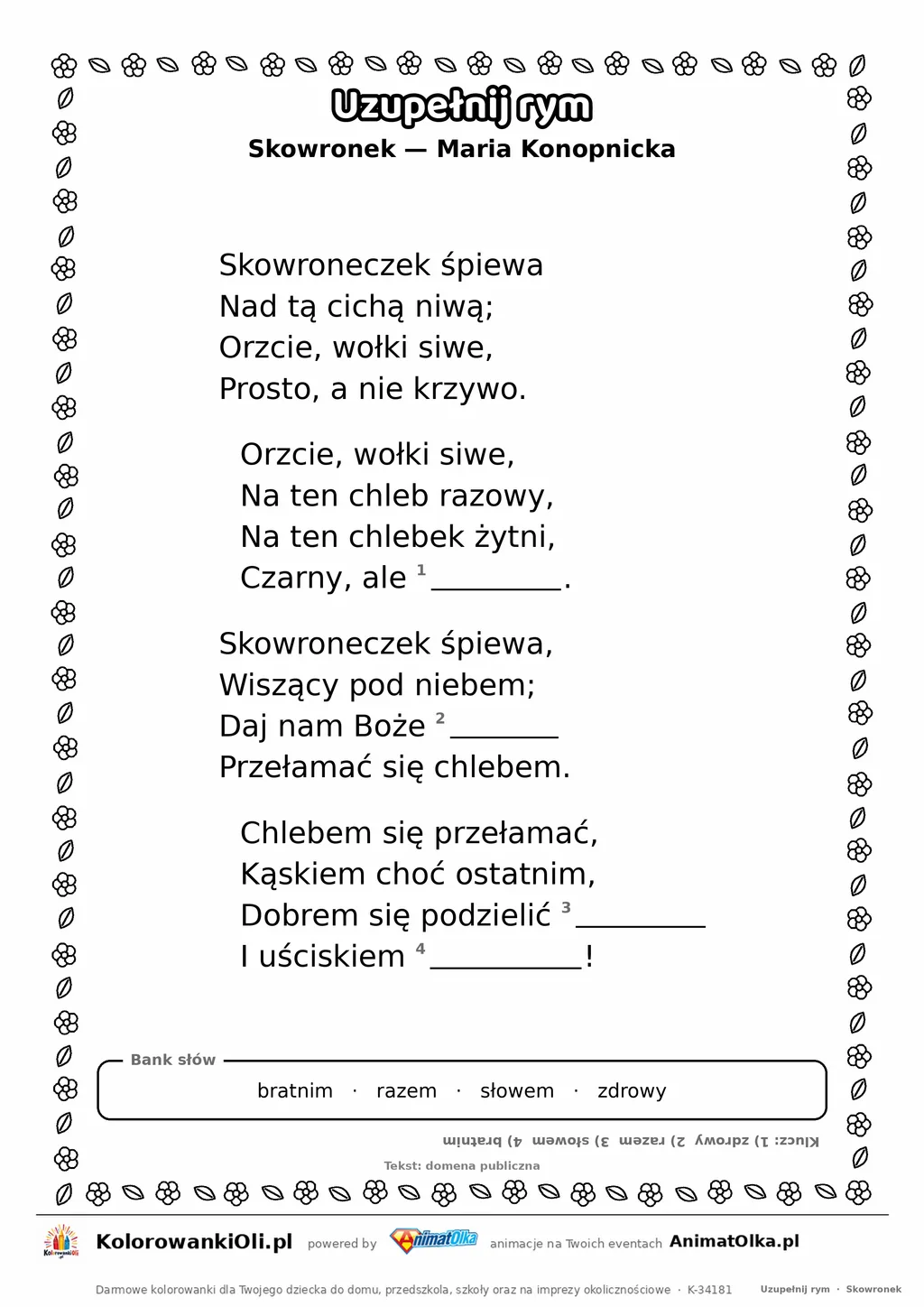 Uzupełnij rym — Skowronek (Maria Konopnicka): karta pracy z lukami w rymach, A4