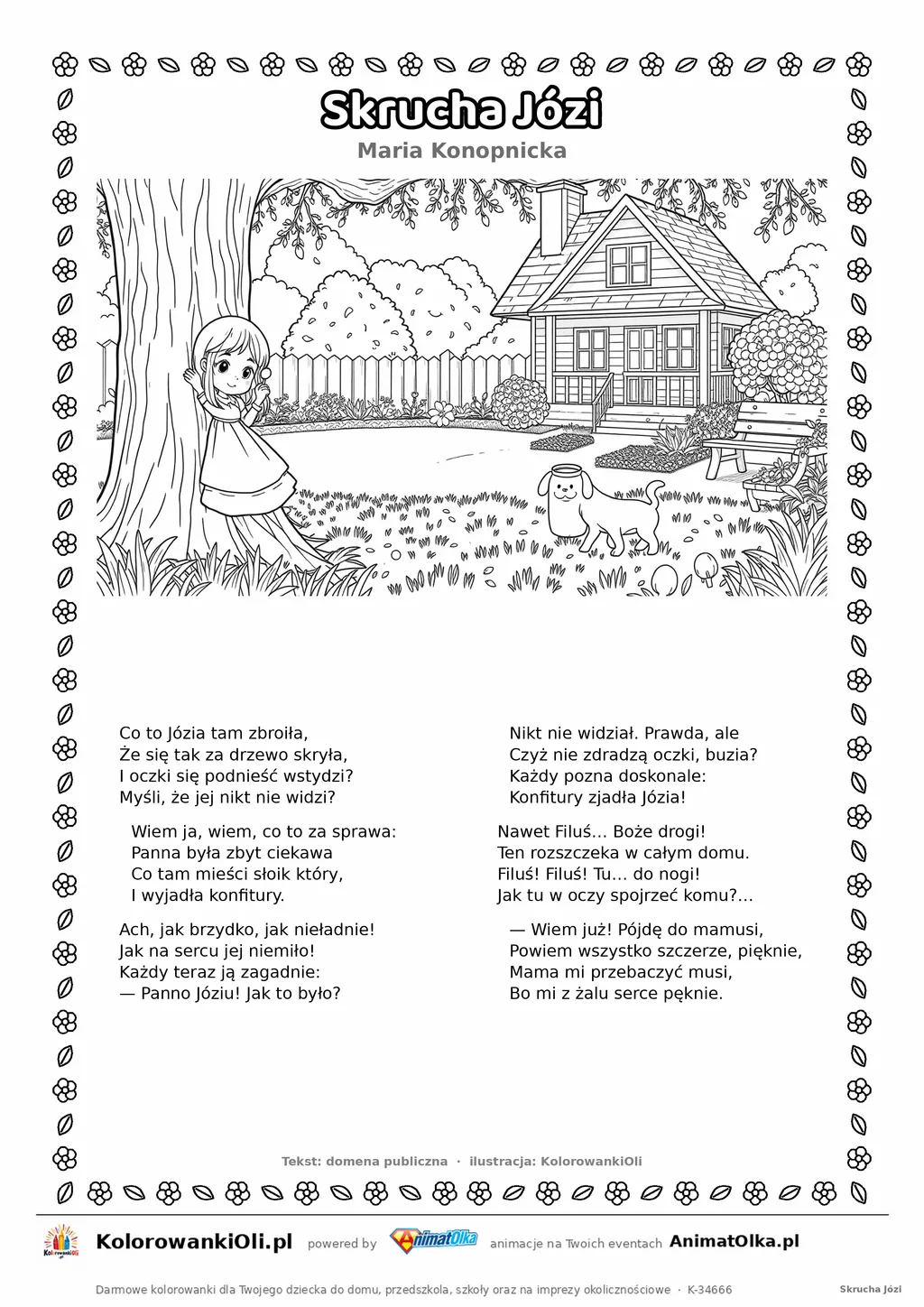 Skrucha Józi (Maria Konopnicka) — tekst wiersza i ilustracja do kolorowania, karta A4 do druku