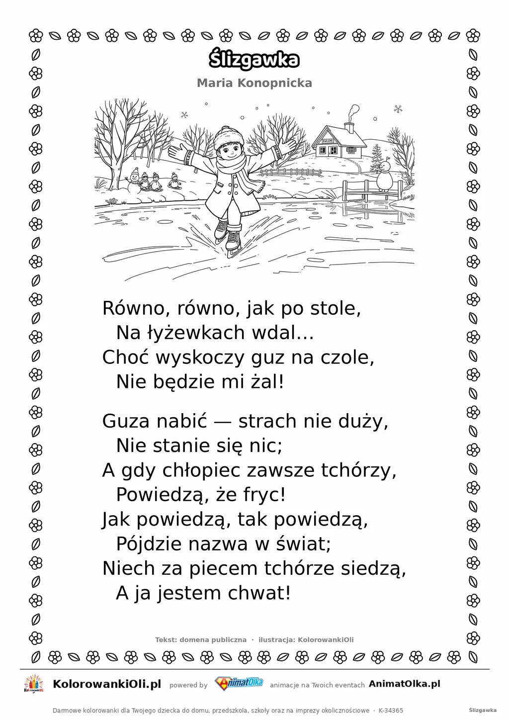 Ślizgawka (Maria Konopnicka) — tekst wiersza i ilustracja do kolorowania, karta A4 do druku